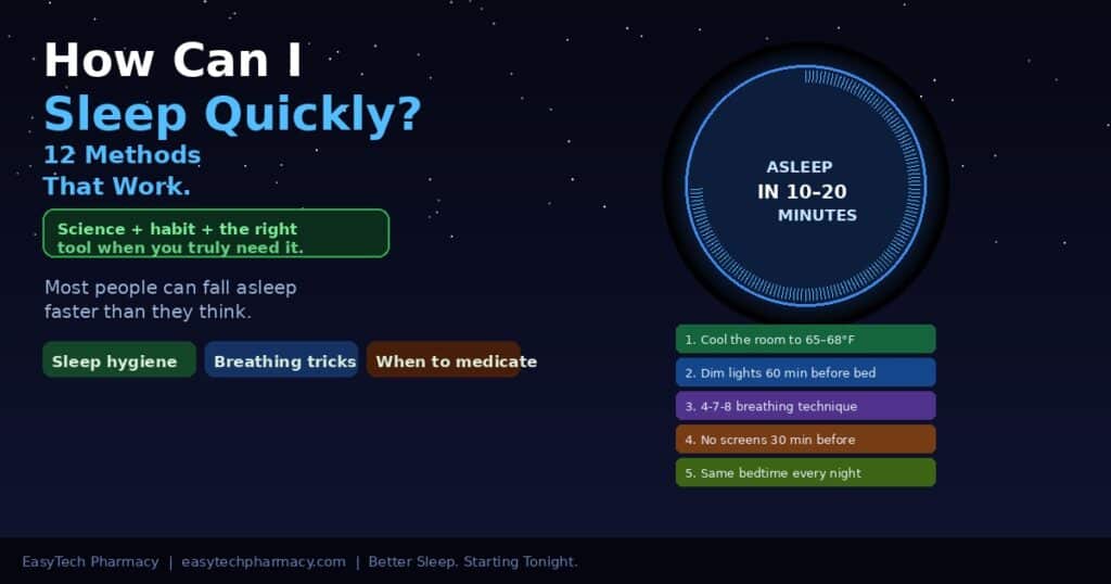 Sleep timer showing 12 methods to fall asleep quickly including breathing steps and room temperature tips