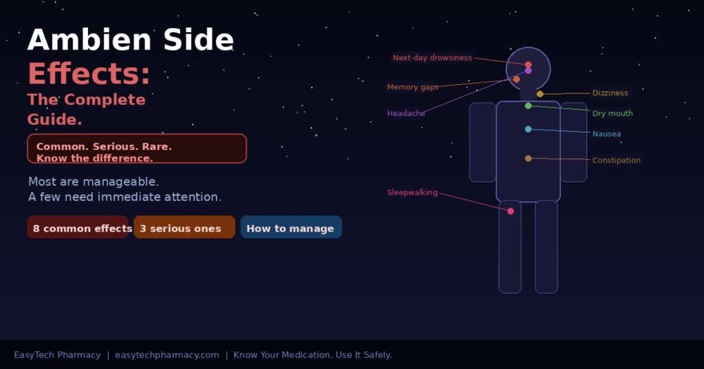 Body diagram showing Ambien side effects including drowsiness memory gaps dizziness nausea and sleepwalking