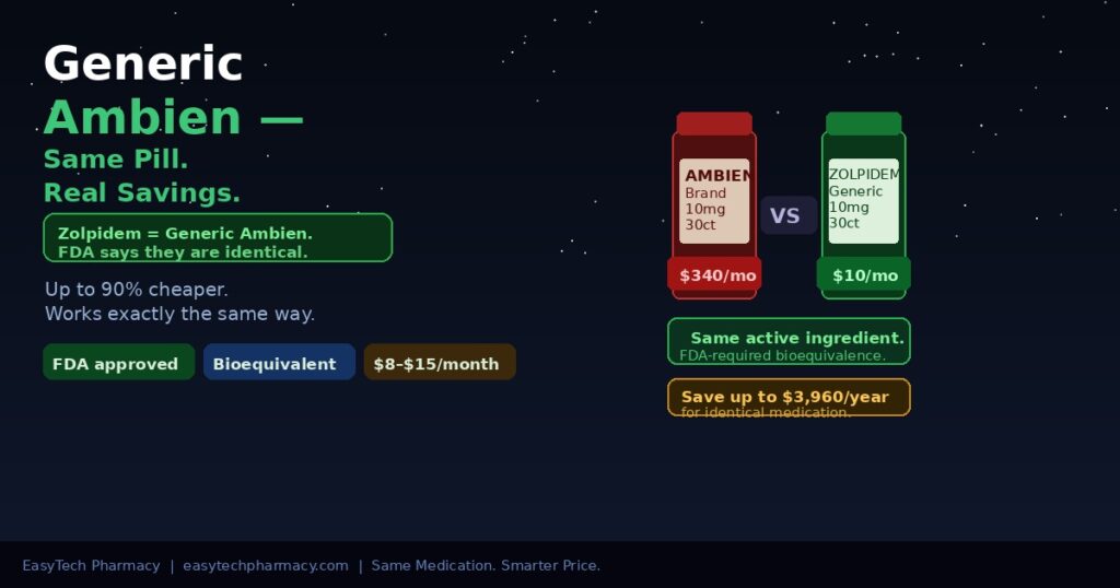 Generic Ambien — Same Medication, Fraction of the Price – EasyTech Pharmacy Brand Ambien versus generic zolpidem bottle comparison showing 340 dollars versus 10 dollars per month for same medication