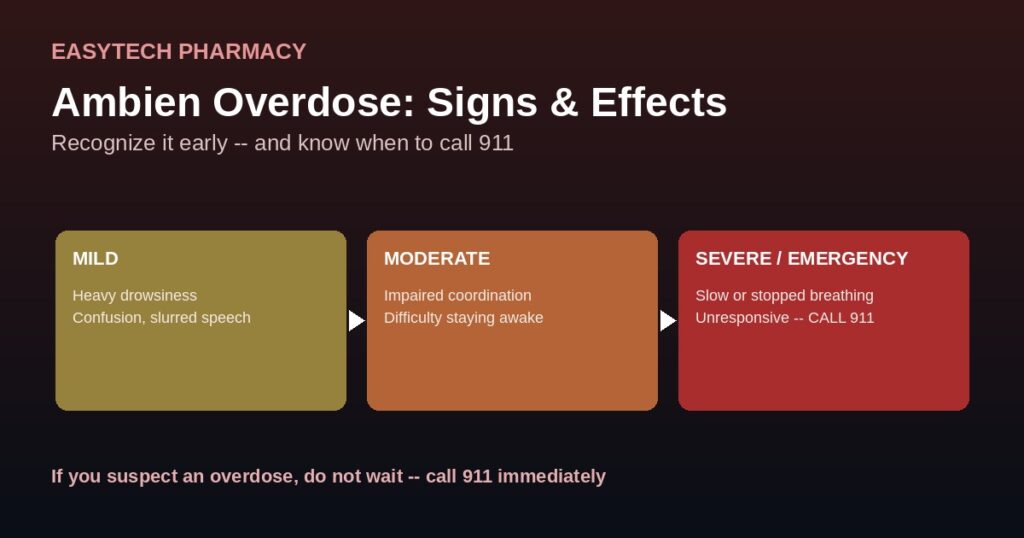 Severity scale graphic showing mild moderate and severe ambien overdose signs with emergency call to action