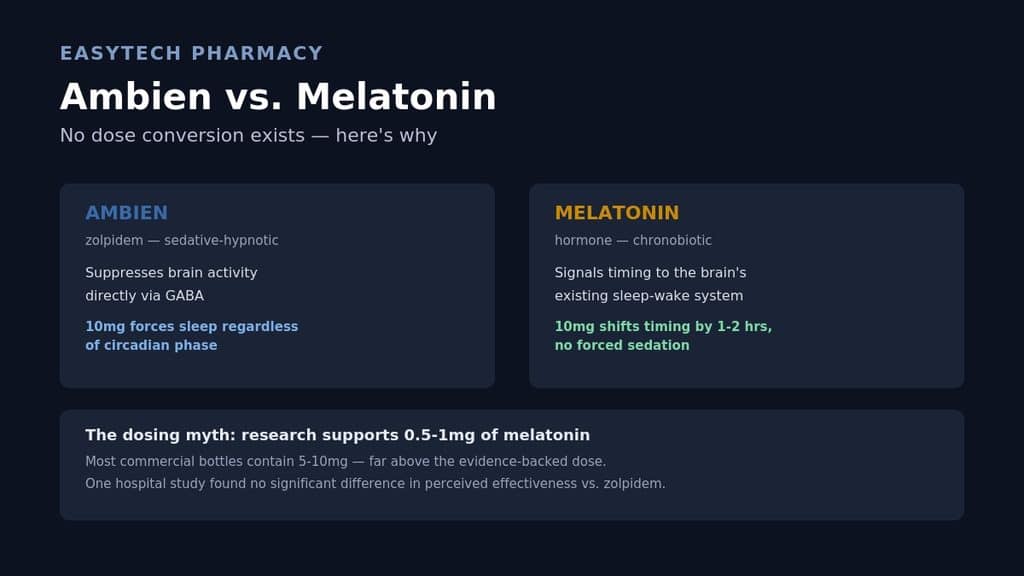 Comparison infographic titled "Ambien vs. Melatonin" showing Ambien suppressing brain activity via GABA to force sleep regardless of circadian phase, versus melatonin signaling timing to shift sleep by 1-2 hours without sedation, highlighting that research supports only 0.5-1mg of melatonin versus the 5-10mg found in most commercial products