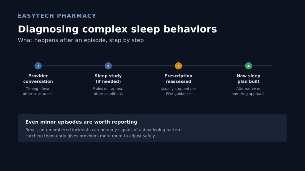 Infographic titled "Diagnosing complex sleep behaviors" showing a four-step process: provider conversation about timing and dose, sleep study if needed, prescription reassessment per FDA guidance, and building a new sleep plan, with a note that even minor episodes are worth reporting