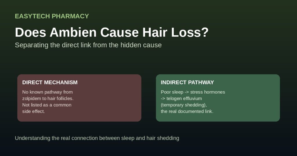 Comparison diagram showing direct versus indirect pathway between ambien and hair loss through sleep and stress