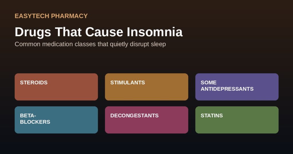 Grid graphic showing medication categories linked to insomnia including steroids stimulants antidepressants and beta blockers