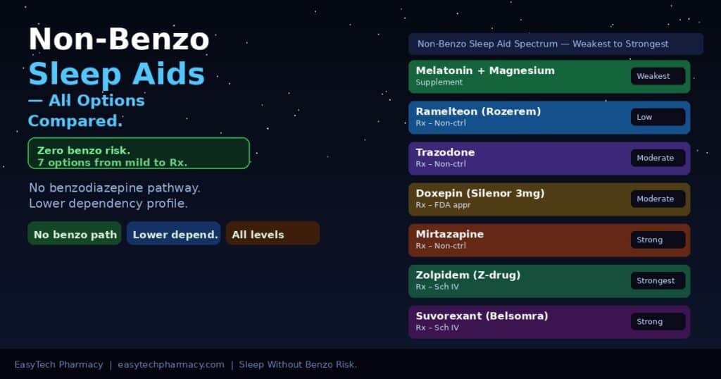 Non-benzo sleep aids spectrum chart from melatonin supplements through prescription zolpidem and suvorexant options