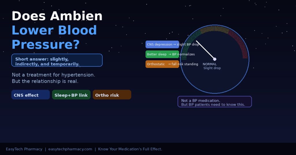 Blood pressure gauge diagram showing slight pressure drop effect of Ambien through CNS depression and sleep improvement