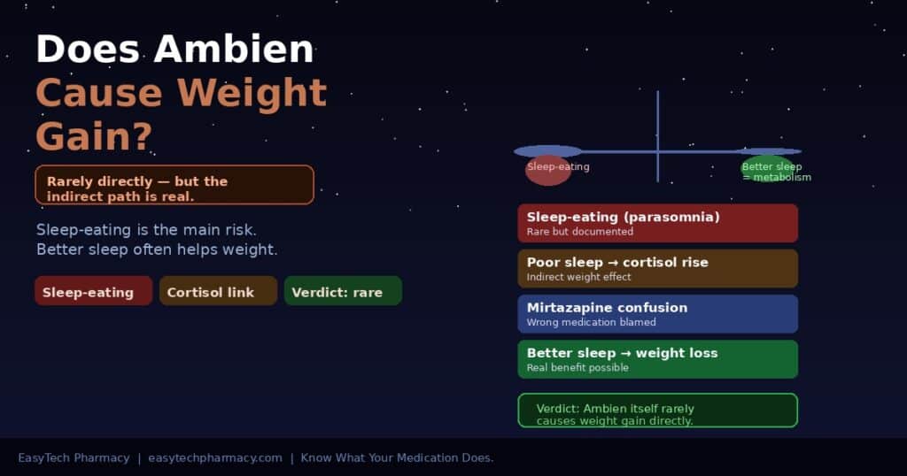 Balance diagram showing ambien weight gain causes including sleep eating on one side and better sleep metabolism benefit on the other