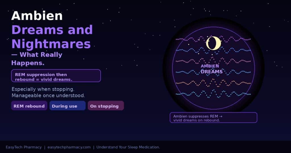 Dreamy swirl illustration showing Ambien REM suppression and vivid dream rebound effect during sleep