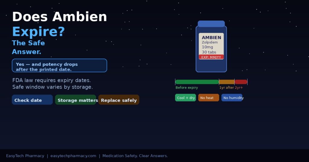 Does Ambien Expire – EasyTech Pharmacy Ambien pill bottle with expiry date and storage timeline showing safe use periods and storage requirements