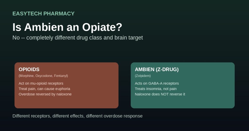 Comparison graphic showing opioids versus ambien zolpidem with different brain receptors and effects