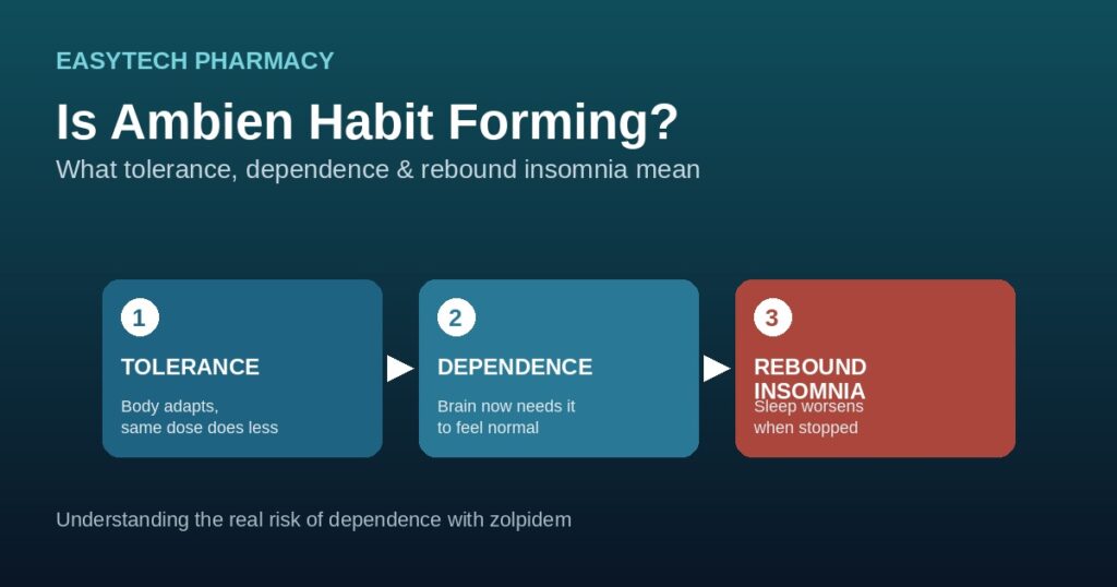 Diagram showing how ambien habit forming risk builds through tolerance dependence and rebound insomnia