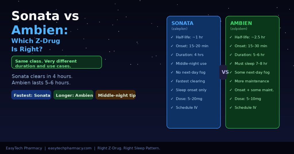 Sonata vs Ambien — EasyTech Pharmacy Sonata zaleplon versus Ambien zolpidem side by side comparison card showing half-life onset and duration differences