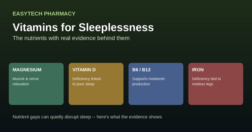 Grid graphic showing magnesium vitamin d b vitamins and iron as key nutrients linked to sleeplessness