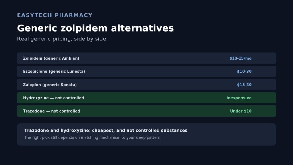 Pricing comparison infographic titled "Generic zolpidem alternatives" listing zolpidem at $10-15/month, eszopiclone at $10-30, zaleplon at $15-30, and highlighting hydroxyzine and trazodone as the cheapest non-controlled options under $10
