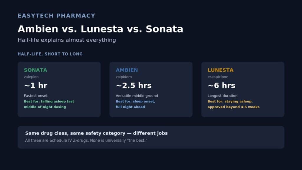 Infographic titled "Ambien vs. Lunesta vs. Sonata" showing half-life comparison from shortest to longest — Sonata at ~1 hour (best for falling asleep fast), Ambien at ~2.5 hours (versatile middle ground), and Lunesta at ~6 hours (best for staying asleep) — noting all three are Schedule IV Z-drugs
