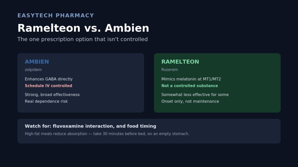 Comparison infographic titled "Ramelteon vs. Ambien" showing Ambien as Schedule IV controlled with strong effectiveness versus ramelteon (Rozerem) as not a controlled substance but somewhat less effective and onset-only, with a note about the fluvoxamine interaction and food timing affecting absorption