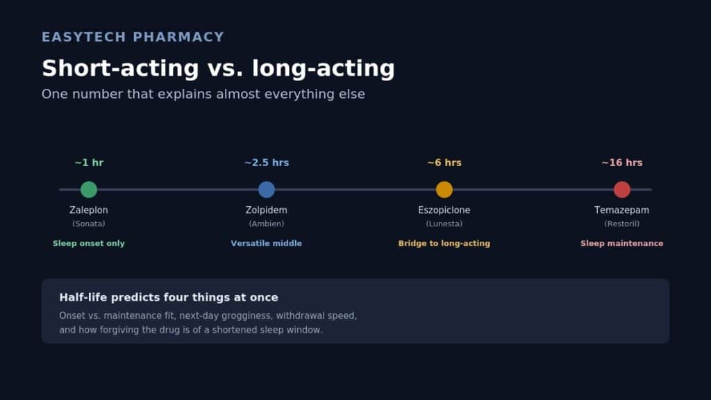 Spectrum infographic titled "Short-acting vs. long-acting" plotting four sleep medications by half-life from zaleplon (~1 hour, sleep onset only) through zolpidem (~2.5 hours) and eszopiclone (~6 hours) to temazepam (~16 hours, sleep maintenance), noting half-life predicts onset fit, next-day grogginess, withdrawal speed, and tolerance for a shortened sleep window