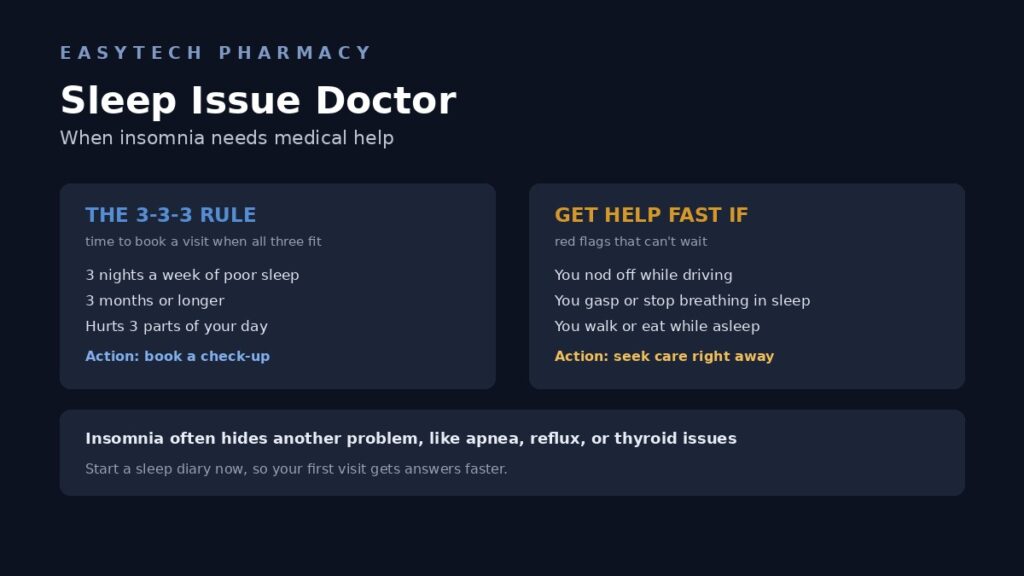 Sleep Issue Doctor: When Insomnia Needs Medical Help – EasyTech Pharmacy Sleep issue doctor guide showing the 3-3-3 rule and warning signs that insomnia needs medical help
