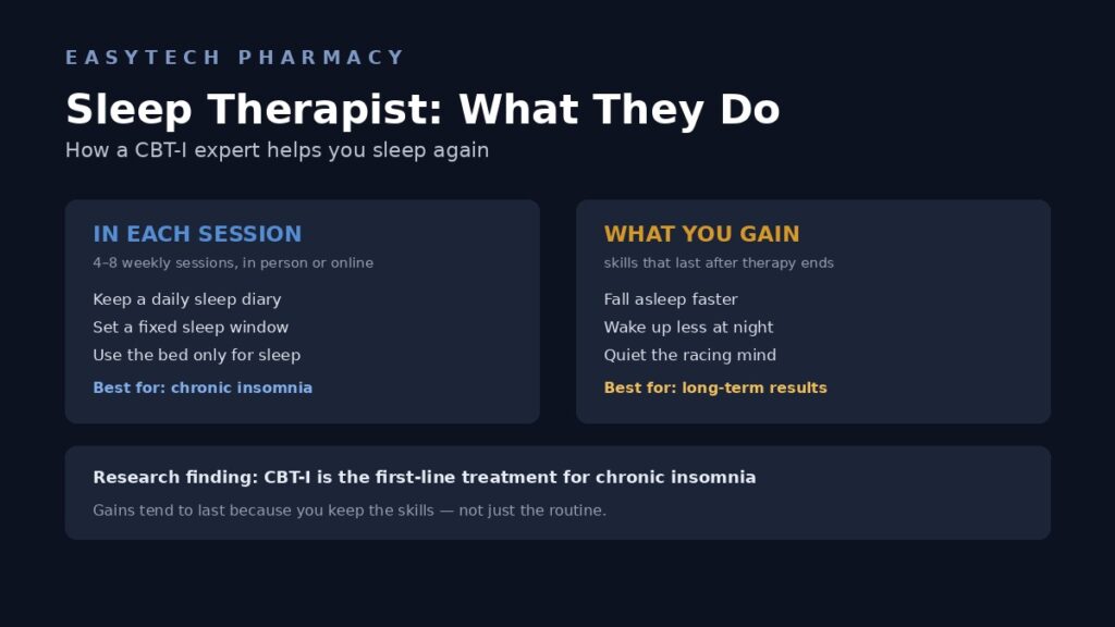 Sleep therapist guide showing what happens in sessions, including sleep diaries, a set sleep window and calming the racing mind