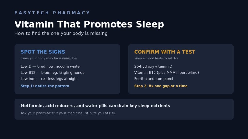 Vitamin That Promotes Sleep – EasyTech Pharmacy vitamin that promotes sleep guide showing signs of low vitamin D, B12, magnesium and iron, plus the blood tests that find them