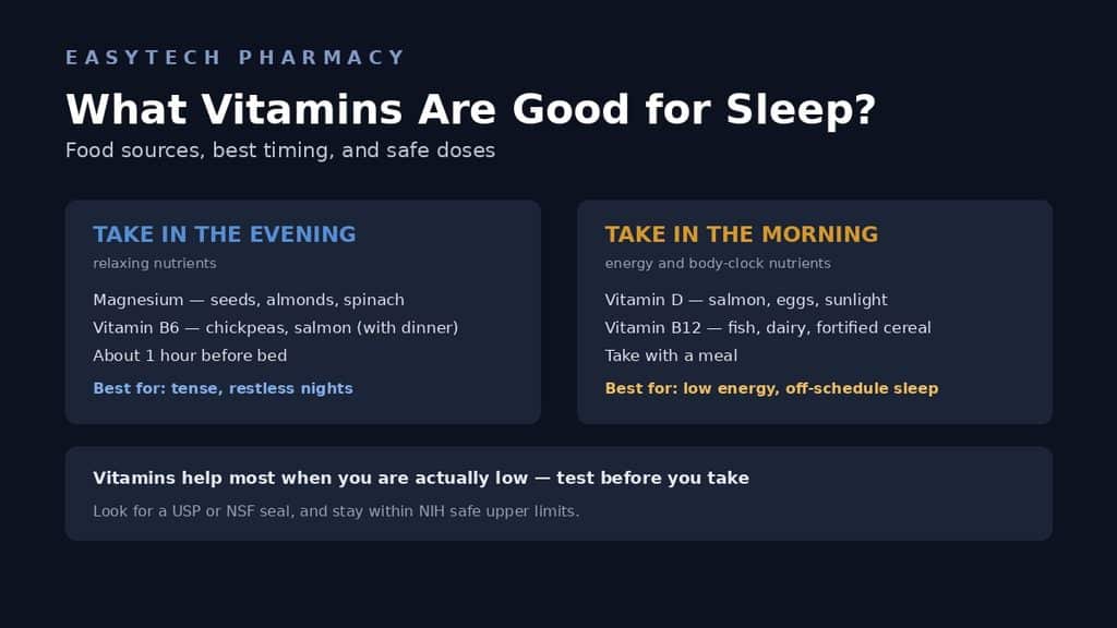 What vitamins are good for sleep chart showing magnesium, vitamin D, B6, B12 and iron with food sources and the best time to take each