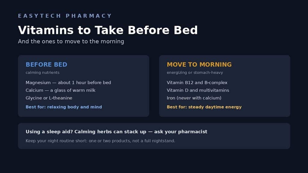 Vitamins to take before bed compared with vitamins to take in the morning, including magnesium, glycine, vitamin D and B12