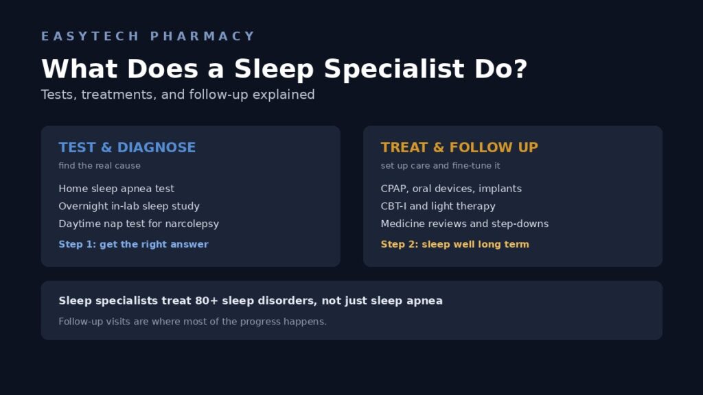 What does a sleep specialist do infographic showing sleep tests, treatments like CPAP and light therapy, and long-term follow-up care